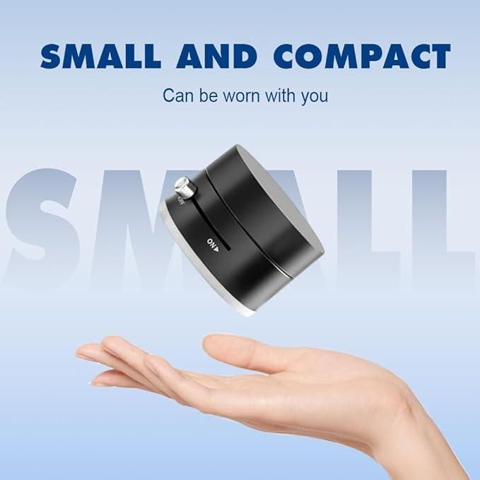 Small and compact magnetic phone holder shown above an open hand on blue background