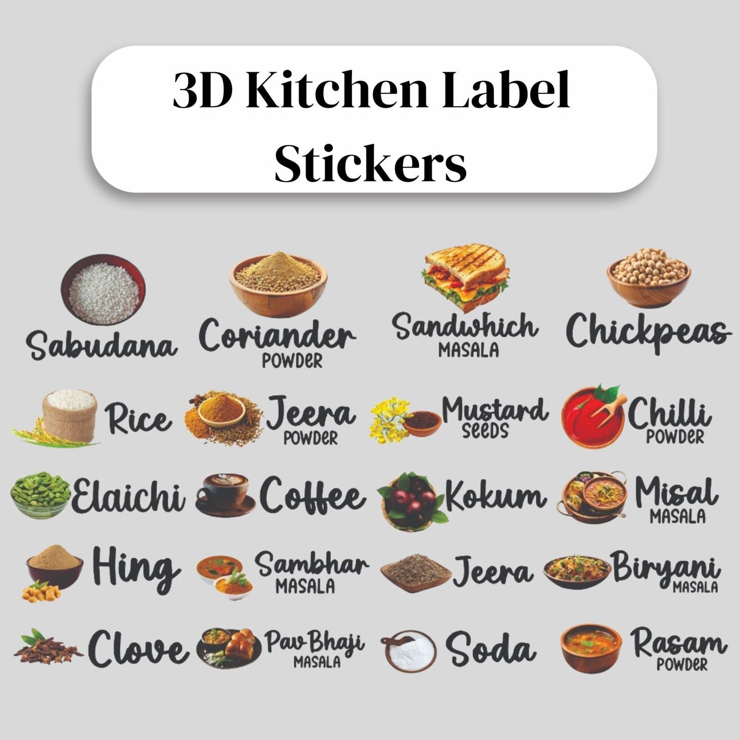 3D Waterproof Kitchen Spice Jar Label Stickers (Pack of 1 - 60 Stickers)