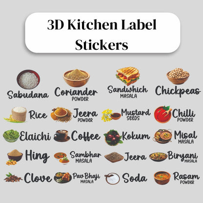 3D Waterproof Kitchen Spice Jar Label Stickers (Pack of 1 - 60 Stickers)