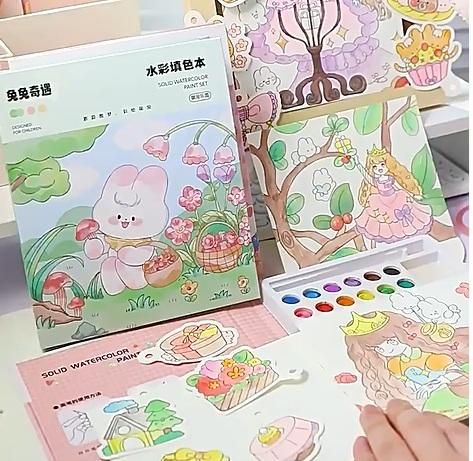 Children's art painting kit with watercolor paints and cute animal and princess illustrations