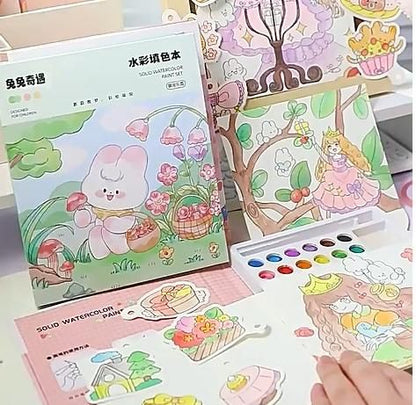 Children's art painting kit with watercolor paints and cute animal and princess illustrations