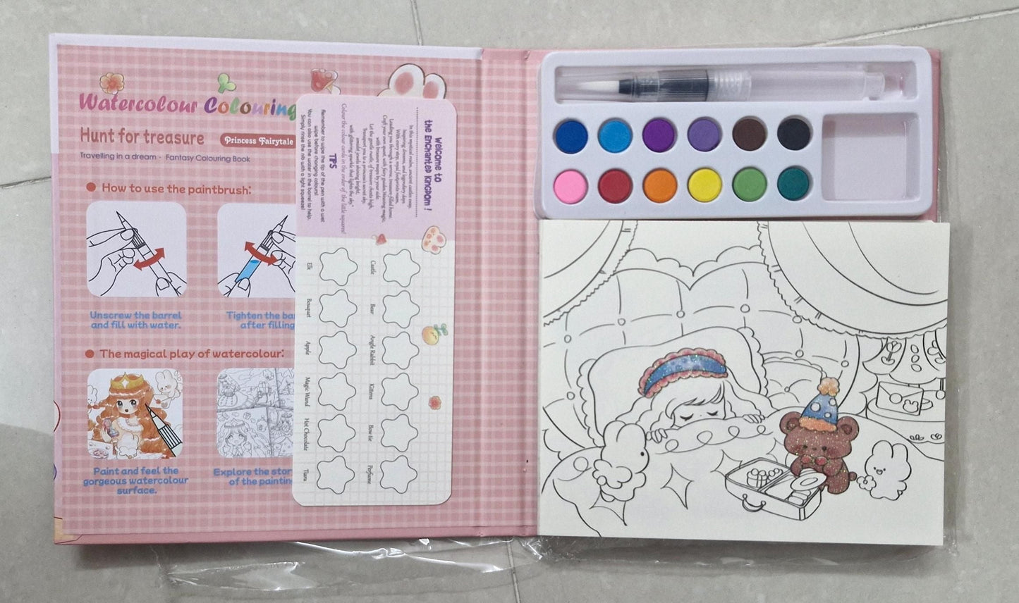 Children's art painting kit with watercolor palette, brush, stencils, and coloring book page of a girl sleeping with a teddy bear