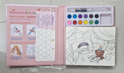 Children's art painting kit with watercolor palette, brush, stencils, and coloring book page of a girl sleeping with a teddy bear