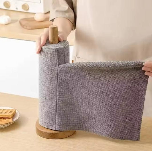 Gray microfiber cleaning cloth 20 pack displayed on wooden holder with one cloth partially unrolled