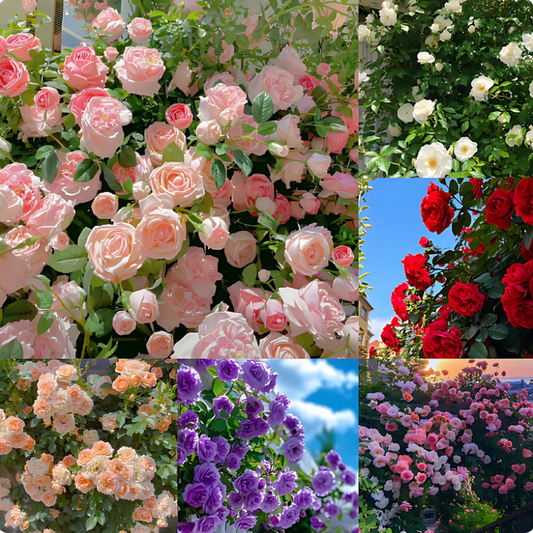 Various colorful roses blooming outdoors representing rose seeds with plant growth supplement benefits